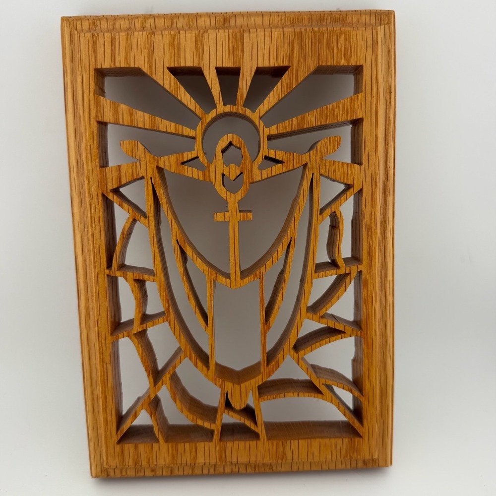 Handmade Oak Wood Religious Chalice Wall Plaque Brown Excellent Signed 2007 Art